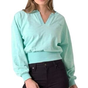 Kimes Ranch Dewey V-Neck, Cropped French Terry Pullover, Turquoise Green, Large